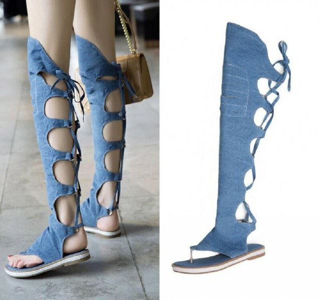 Women Lace Up Strappy Thigh High Gladiator Sandals Over Knee Thongs Summer Boots | eBay