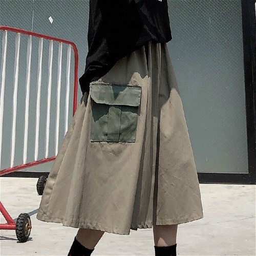 Lady Army Green Skirts Pocket Casual Military Baggy Cotton Midi Fashion Retro  - Picture 4 of 10