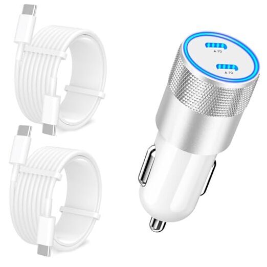 【MFi Certified】iPhone 15 Car Charger Fast 2Pack Type-C Cable Lvory White