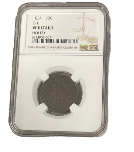 1834 Classic Head half cent, NGC VF Details Holed