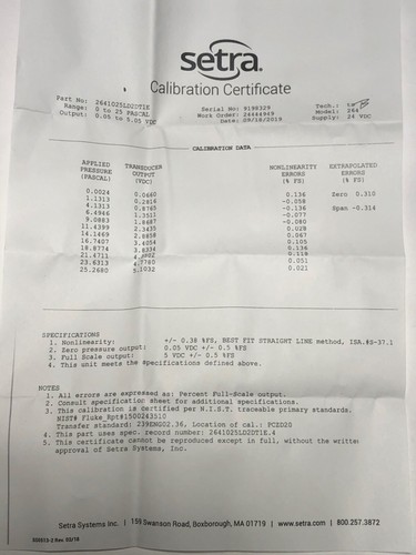 SENSOR DE PRESIÓN SETRA MODELO 264 0-25 PA, 9-30 VDC Exc, 0-5 VDC, 2641025LD2DT1E - Imagen 3 de 4