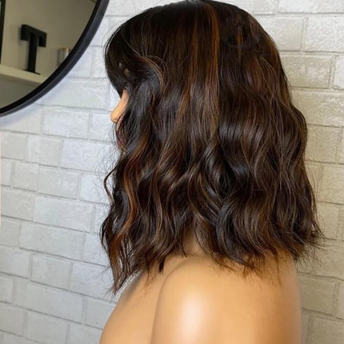 Highlight Brown Human Hair Wig With Bangs Loose Wave Full Machine Made Scalp Top - Picture 4 of 12