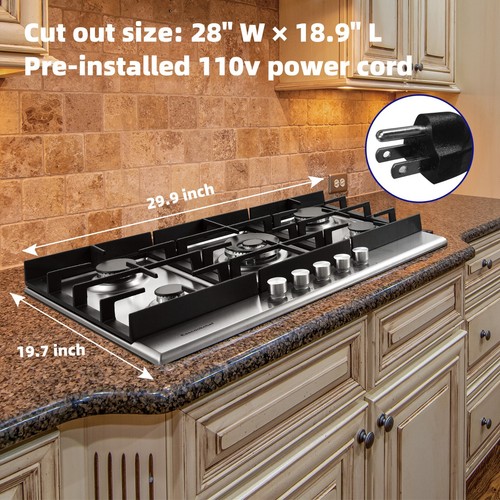 30 inch Kitchen Gas Cooktop 5-burners NG/LPG Drop-in Gas Hob NEW Stainless Steel - Picture 10 of 13