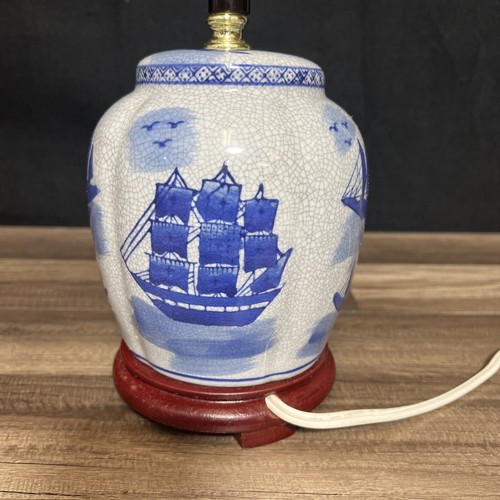 Stunning Vintage Blue White China Ship Boat Ginger Jar Lamp Porcelain Ceramic - Picture 3 of 8