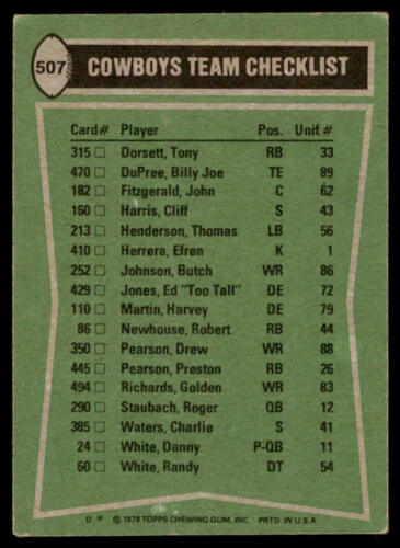 1978 Topps #507 Tony Dorsett Drew Pearson Cliff Harris Harvey Martin - Picture 2 of 2
