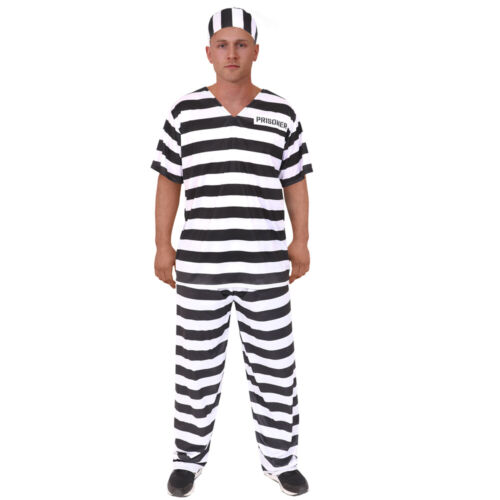 DISFRAZ DE PRISIONERO ADULTOS BLANCO Y NEGRO UNISEX TRAJE DE DESPEDIDA DE SOLTERO DE HALLOWEEN DISFRACES - Imagen 2 de 8