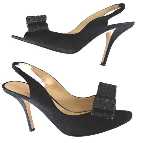 $350 KATE SPADE Chase Black Suede Slingback Heels Glitter Bow Peep Toe 6.5B EUC - Picture 6 of 9
