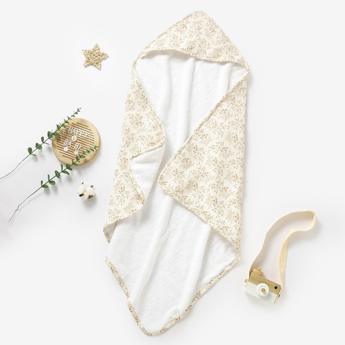 Neutral Floral Organic Cotton Muslin Hooded Baby Towel Neutral Shower Gift - Picture 2 of 5