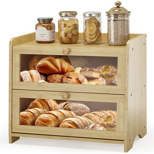 Double Layer Bread Box for Kitchen Countertop, Large Breadbox Natural Bamboo - Picture 2 of 7