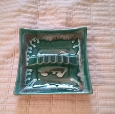 MCM Mid Century Modern Ashtray Green Aqua Drip Glaze USA 818 Pottery 