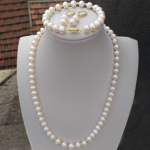 Handmade AAA++ 7-8mm White Akoya Pearl Bracelet + Earring +Necklace Set 14k - Picture 3 of 4