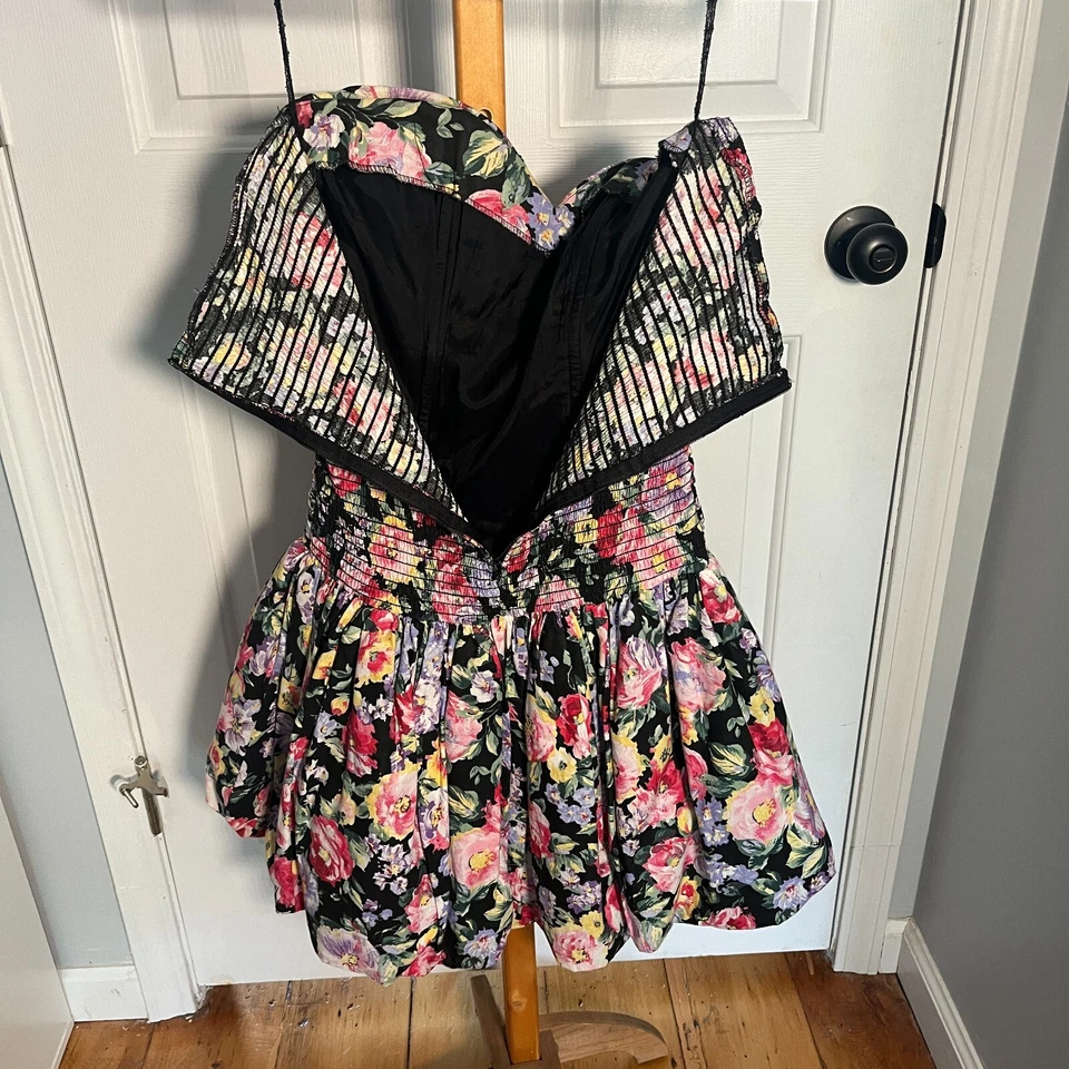 Vestido vintage años 80 sin tirantes fruncido patrón floral cremallera trasera para mujer talla M Foto 4 de 4