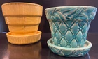Two Vintage McCoy Planters (1-Yellow Basketweave & 1-Green Leaf Quilted Diamond)