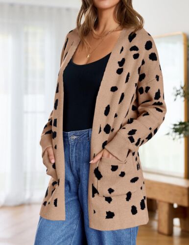 Spring Leopard Print Open Front Knit Cardigan Coat - Long Sleeves - Picture 123 of 148