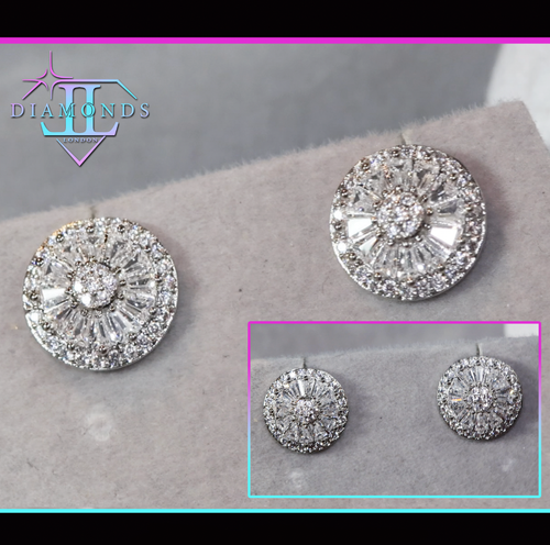 Womens Baguette Ear Studs, Silver Diamond Ear Studs, Simulated Diamond Ear Studs - Picture 1 of 6