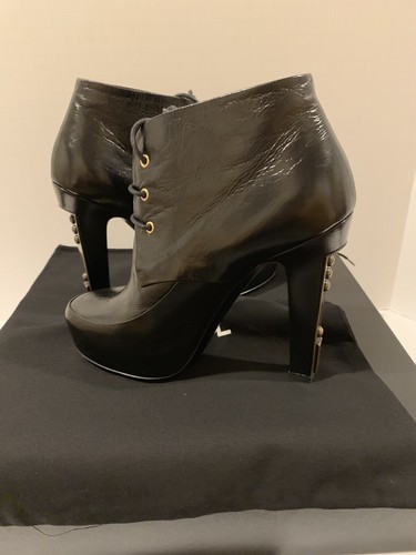 CHANEL Schnür Boots Booties Plateau Logo Nieten Absatz Schwarz Leder Schuhe 37,5 - Bild 12 von 12