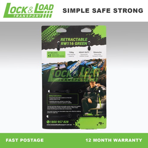 LOCK & LOAD RW116 GREEN RETRACTABLE 50MM RATCHET STRAP PAIR 3.0M LONG - Picture 8 of 8