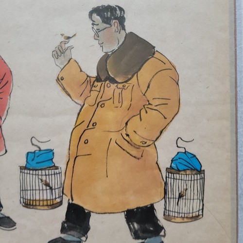 VINTAGE Ma Haifang AQUARELL TINTE PAPIER Vogel Vogelkäfig drei Herren Freier Vogel - Bild 7 von 20