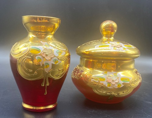 Murano Italy 24KT Red & Gold Hand Made Vase & Lidded Jar Trinket Dish VINTAGE - Picture 13 of 19