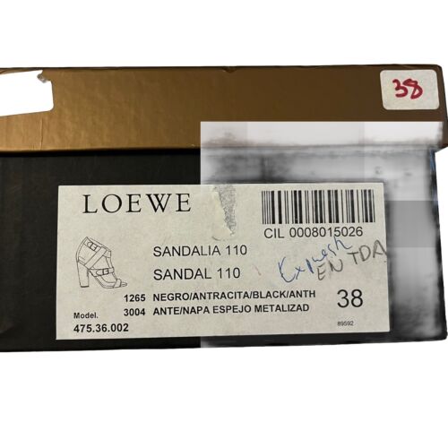 LOEWE sandal heels black silver size 8 t-strap leather slingback cone heel box - Picture 14 of 14