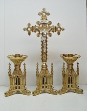 PAIR OF BRASS GOTHIC CHURCH ALTAR CANDLESTICKS 8 1/2" Ht.  ALTAR CROSS - 117sh