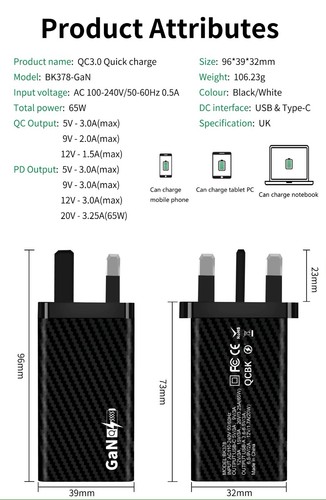 Adaptador Cargador de Pared 65W GaN USB-C USB-A PD QC 3.0 Cargador Rápido Enchufe Reino Unido - Imagen 16 de 59