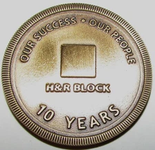 VINTAGE H & R BLOCK 10 YEARS EMPLOYEE SERVICE 1 3/8" GOLD TONE COIN, 17g, MINT
