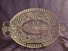 Vintage Anchor Hocking Stars And Bars Divided Oval Glass  Relish Dish W/Handles 