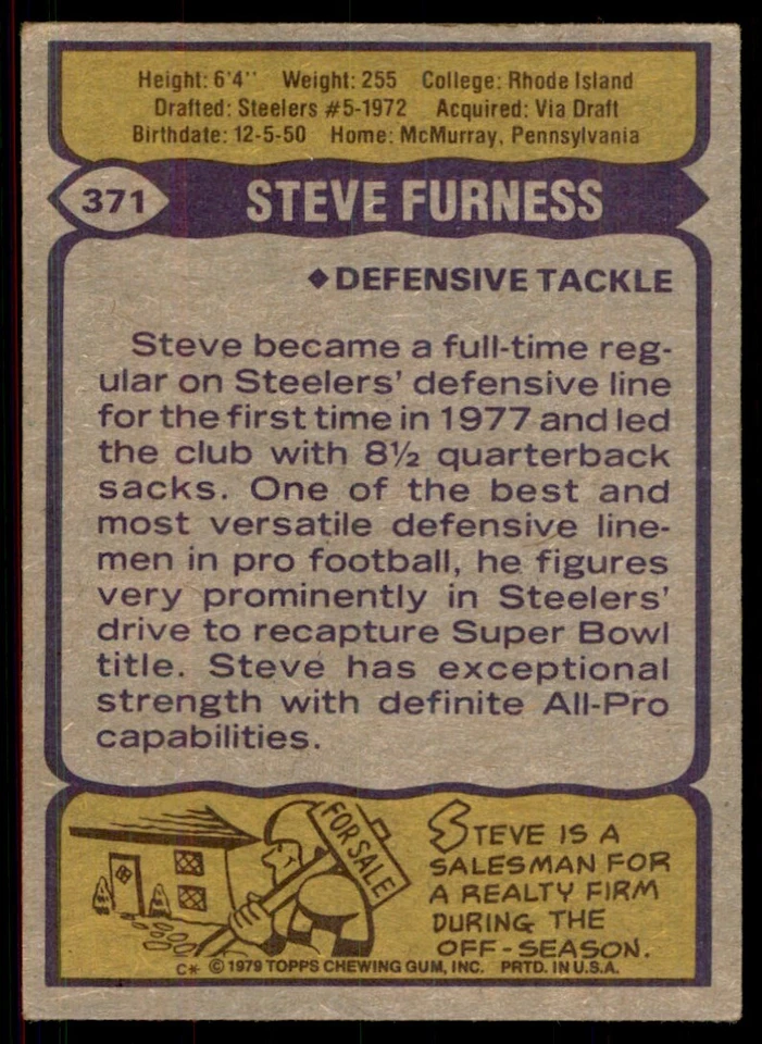 1979 Topps Steve Furness Football Card #371 - Image 2 of 2
