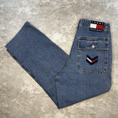 Vintage Tommy Hilfiger Jeans 31x29 Carpenter Utility Denim Pants Y2K Flag Logo - Picture 1 of 10