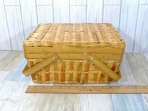 Burnt Bamboo Covered Basket Hinged Top Sewing Picnic Storage - Picture 12 of 14