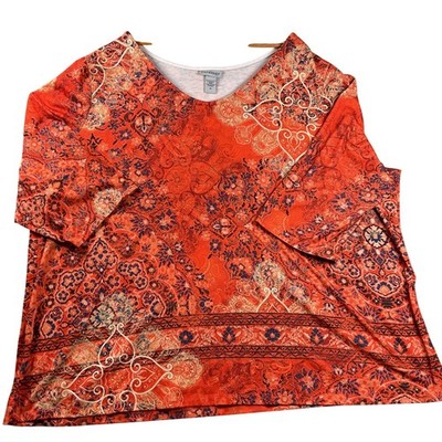 Catherines Knit Top Womens 4X Orange Excellent Paisley V-Neck 3/4 Sleeve 08280