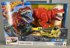 Hot Wheels T-Rex Rampage Playset & 1:64 Scale Vehicle Toy Car Track, Box Damaged