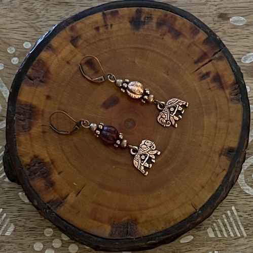 New Tibetan Copper Elephant Charm & Copper Frosted Maroon Czech Bead Earrings - Picture 5 of 9
