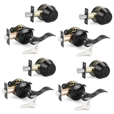  Front Door Entry Lever Lockset, Single Cylinder Deadbolt 4 Pack Black
