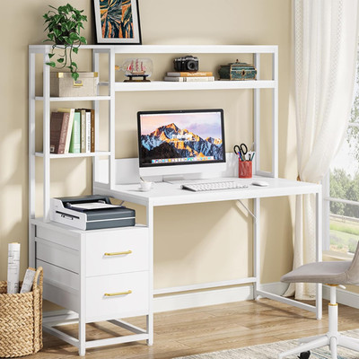 55 Inch Computer Desk with 2 Drawers and Storage Shelves, Rustic Office Desk wit