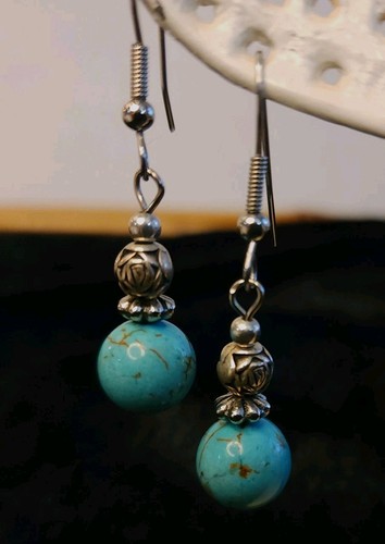 Handmade Turquoise Bead Earrings with Silver Accents Boho Southwestern Dangles - Picture 2 of 3