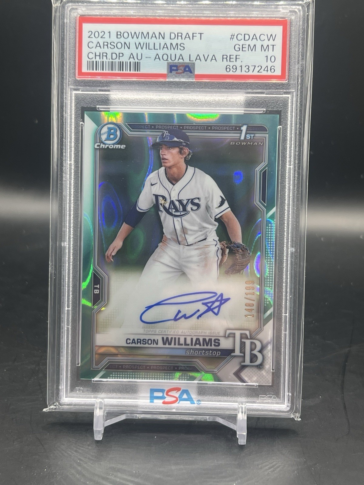 2021 Bowman Carson Williams Chrome Auto 1st Aqua Lava Refractor RC #/199 PSA 10