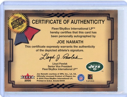 JOE NAMATH 2000 FLEER Greats of the Game FOOTBALL GOTG Autograph AUTO CARD - Picture 2 of 2