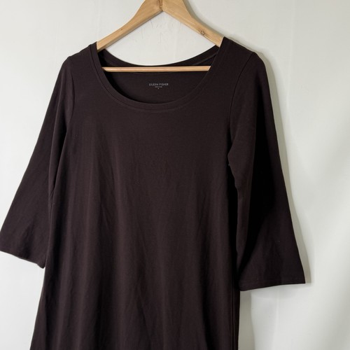 Eileen Fisher Organic Cotton Stretch Jersey Dress Chocolate Brown 3/4 Sleeve S - Picture 3 of 13