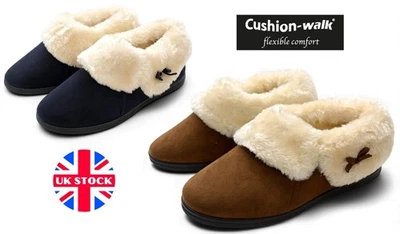 CUSHION WALK Ladies Slippers Womens Cosy Night Shoes Cushioned Bow Comfort Fur Lined Soft NEW