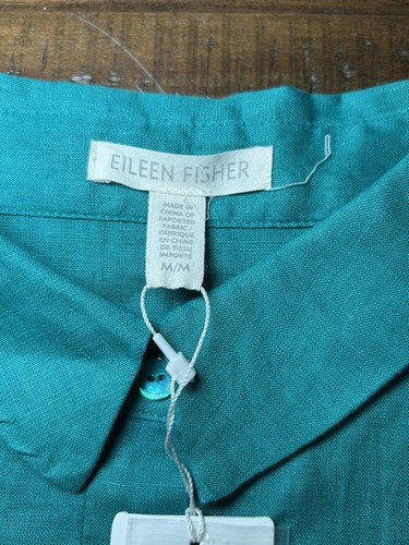 NUEVO CON ETIQUETAS Eileen Fisher Lino Orgánico Abotonable Manga Larga Talla Mediana Turquesa - Imagen 3 de 11