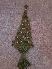 Vintage Macrame Christmas Tree Wall Hanging Boho 70  s Green Multicolor Puffs 37"