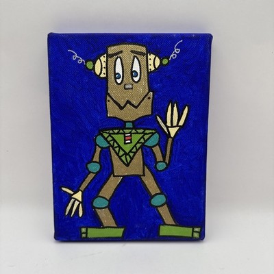 Original Art: Robot  8  X 6  Canvas Bluish/Purple Background Gold /Green Robot