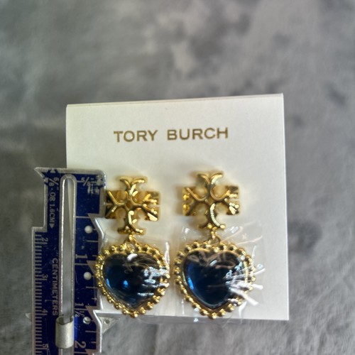 Tory Burch Roxanne Earrings Gold Logo & Sapphire Blue Hearts - Factory Packaging - Picture 5 of 5