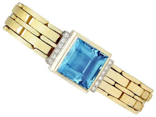 Vintage 21,68 Ct Aquamarin und 0,38 Ct Diamant 14k Gelbgold Armband 60er Jahre