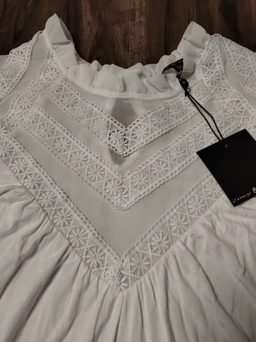 Solid White Semi Sheer Lace 1XL 18/20 Flutter Sleeves Blouse Ruffles High Neck - Picture 3 of 13