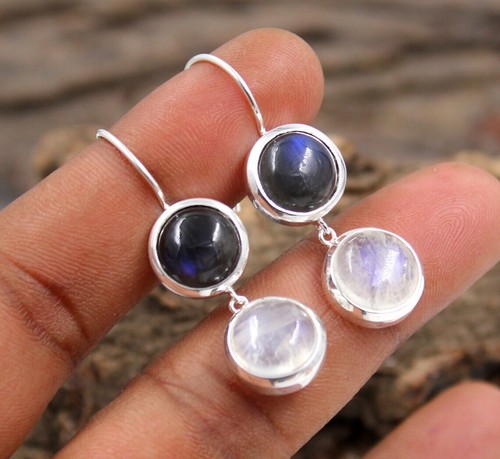 Labradorite & Moonstone Earring, Two Stone Danglers, 925 Sterling Silver Jewelry - Picture 2 of 3