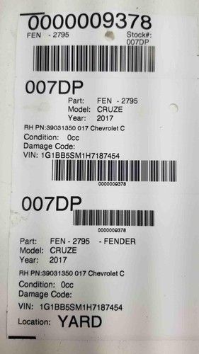16 17 18 19 CHEVY CRUZE Fender Front Compartment Gusset RIGHT RH 39031349 - Picture 5 of 5