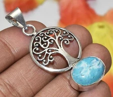 Simulated Larimar Gemstone Tree Style Pendant 925 Silver Plated U316-A141